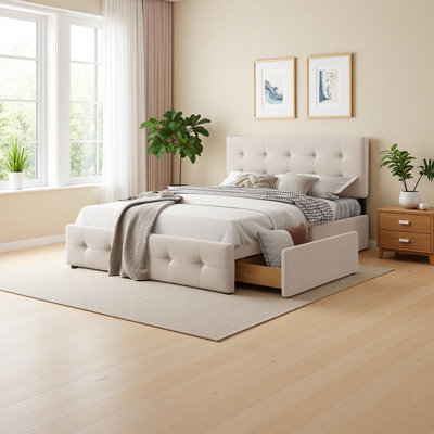Lit plateforme tapissier avec tête de lit classique et 4 tiroirs, aucun sommier nécessaire, tissu en lin, grand