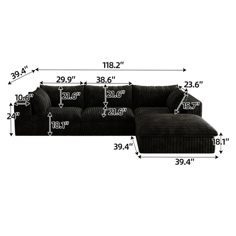 Canapé avec coussin amovible, Black, H 24 po x l 118,2 po x P 78,8 po