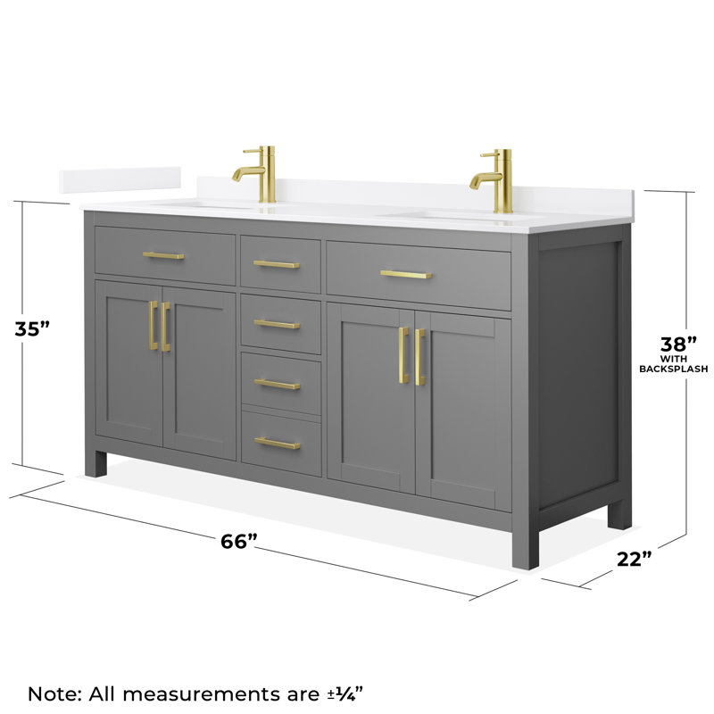 Beckett 66" Freestanding Double Bathroom Vanity with Quartz Top, Dark Gray, Brushed Gold, White Quartz