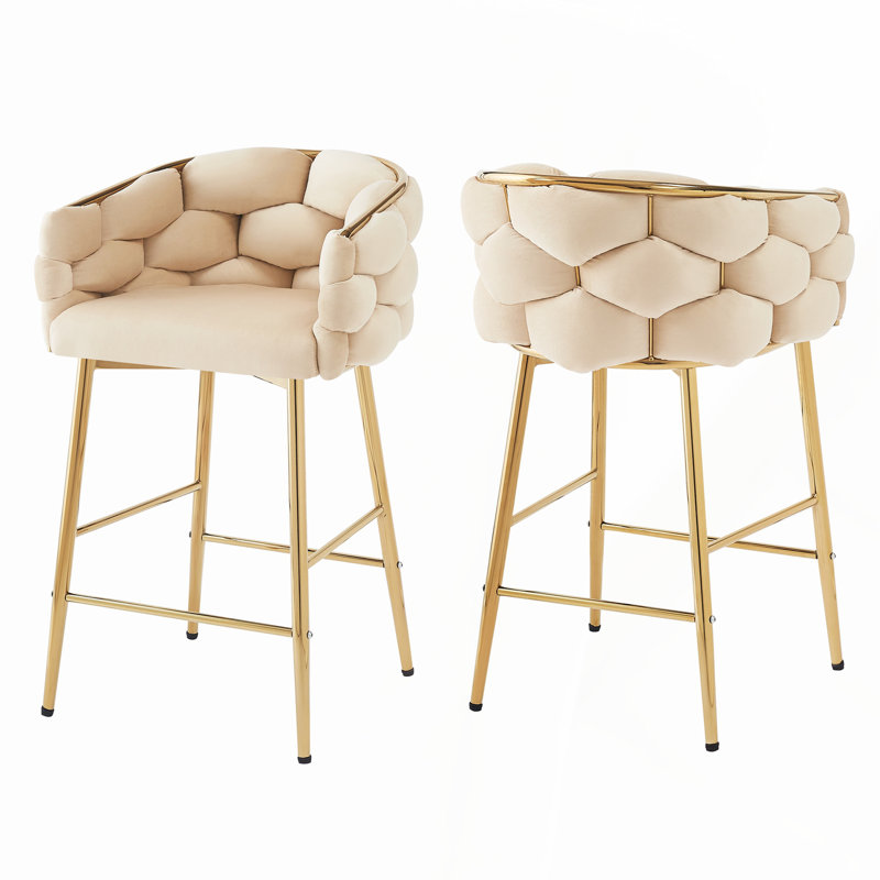 Tabouret de comptoir moderne 28 po en velours beige avec structure en fer, dossier et coussin doux, repose-pieds pour la cuisine et la salle à manger