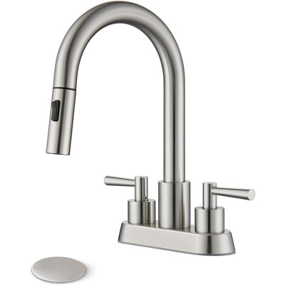 Robinet de lavabo de salle de bain avec douchette extractible à 2 poignées, robinet de salle de bain nickel brossé à 3 trous, robinet de lavabo de 4 pouces, bec pivotant à 360 degrés, ensemble de bonde escamotable inclus
