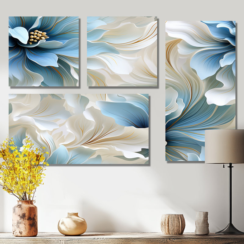 «Ethereal Blue and White Damask Dreams - Blue Wall Art», 4 pièces, Toile tendue, Ne s’applique pas