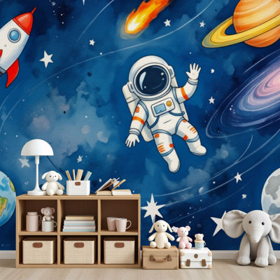 Papier peint adhésif à peler et coller, planètes spatiales colorées, astronaute, fusée, étoiles, papier peint amovible, papier peint en PVC, 100 po x l 144 po, pour chambre à coucher, bureau à domicile