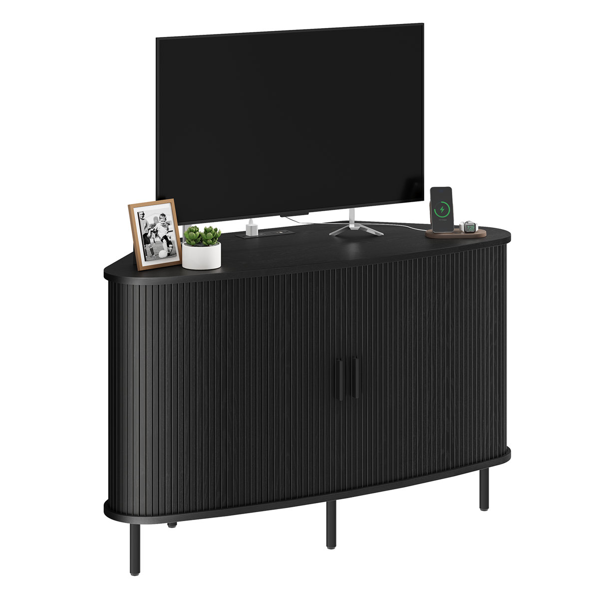 Modern Black Wood Corner TV Console for Living Rooms
