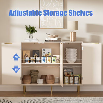 Fluted Buffet Sideboard With 3 Doors, Modern Accent Cabinet With Adjustable Shelves, Kitchen Storage With Golden Handles, Coffee Bar For Kitchen, Dining Room