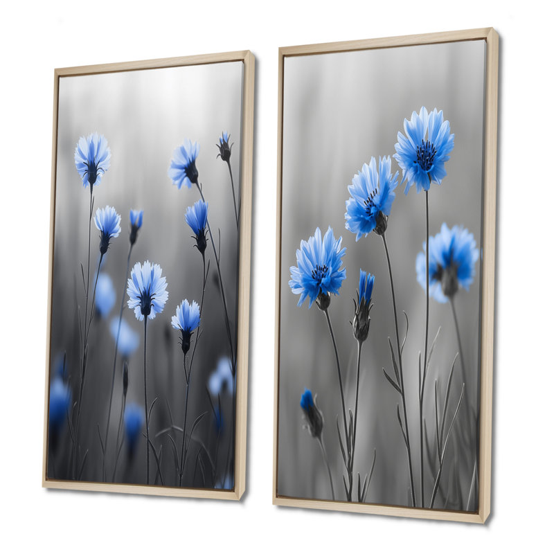 Meadows Of Blue Cornflowers I - Cornflowers Wall Art 2 Pieces Set, H 28 po x l 24 po, Cadre flottant érable