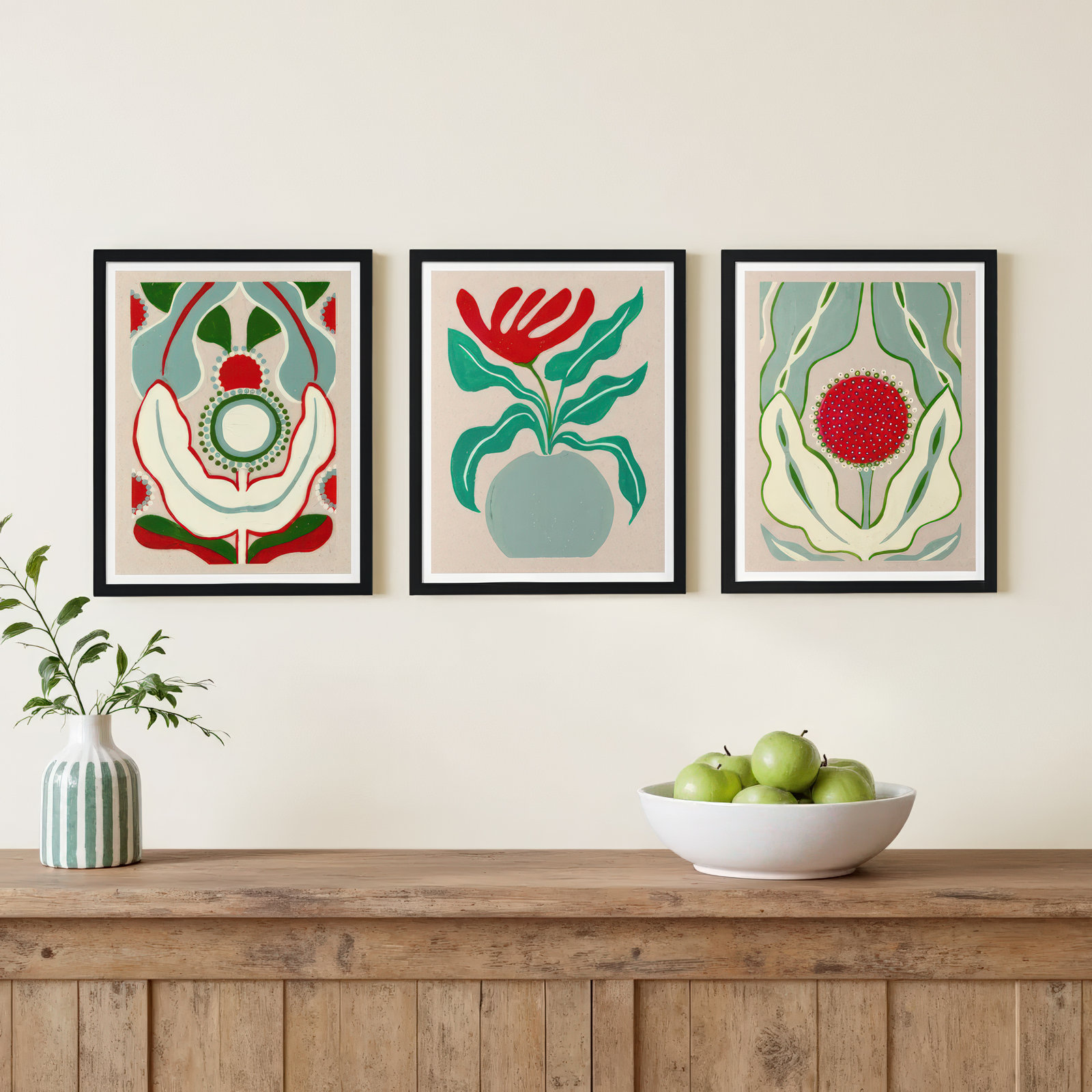 Magical Flowers 3-Piece Print Set, Black Framed Paper, 20" H x 16" W x 1.25" D