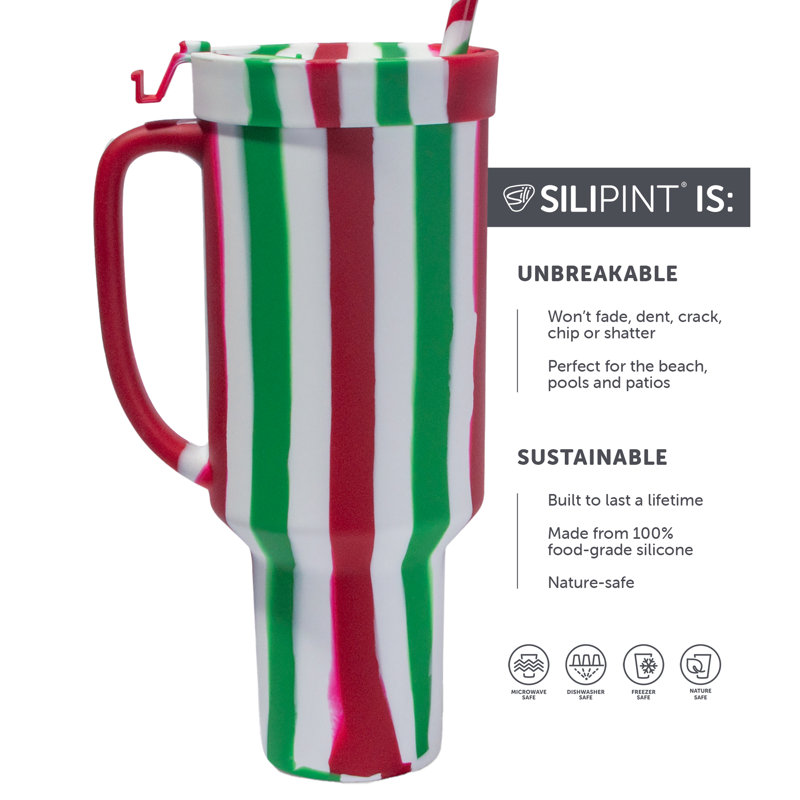 Silipint: Gobelet en silicone paille 64 oz: Poinsettia rayé - WTFourder, incassable, Rouge/blanc/vert