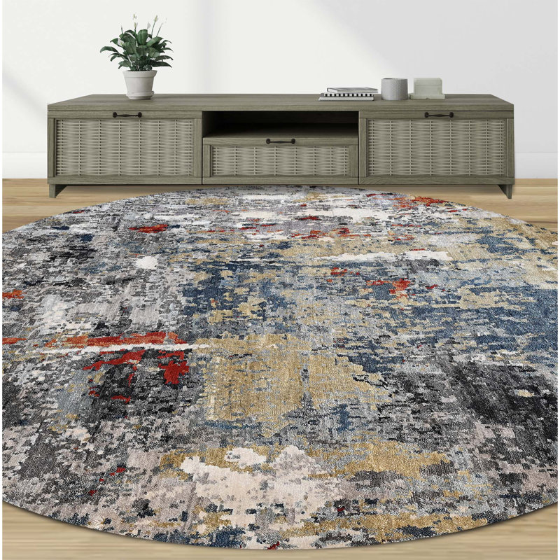Hand Knotted Abstract Area Rug in Blue/Red/Ivory, Round 6'