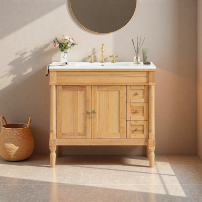 Meuble-lavabo de 36 po avec lavabo en céramique, portes à fermeture douce, tablettes réglables, armoire de rangement moderne pour petites et moyennes salles de bain
