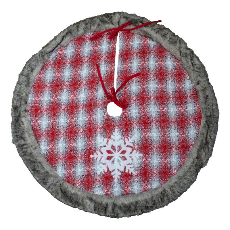 Jupe d'arbre de Noël à motif écossais rouge et blanc 48 "avec flocon de neige