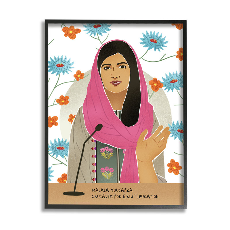 Malala, parole, sur, bleu, orange, fleurs, icône, femme, Giclée encadrée noir minuit, H 20 po x l 16 po