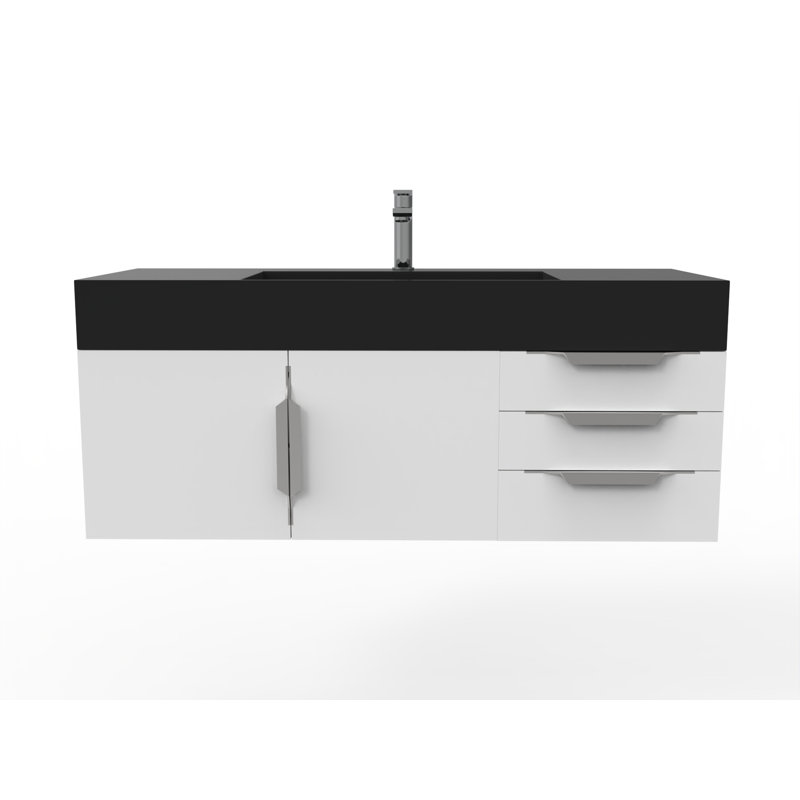 Meuble-lavabo mural simple 48 po avec comptoir à surface solide - base blanche, plateau noir, poignées en nickel brossé, Noir