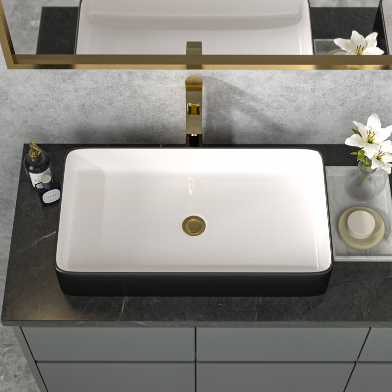 24" L x 14" W Ceramic Rectangular Vessel Bathroom Sink, White/Black