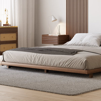 Japanese Style Queen Floor Bed Metal Bed Frame No Box Spring for Bedroom Walnut Color