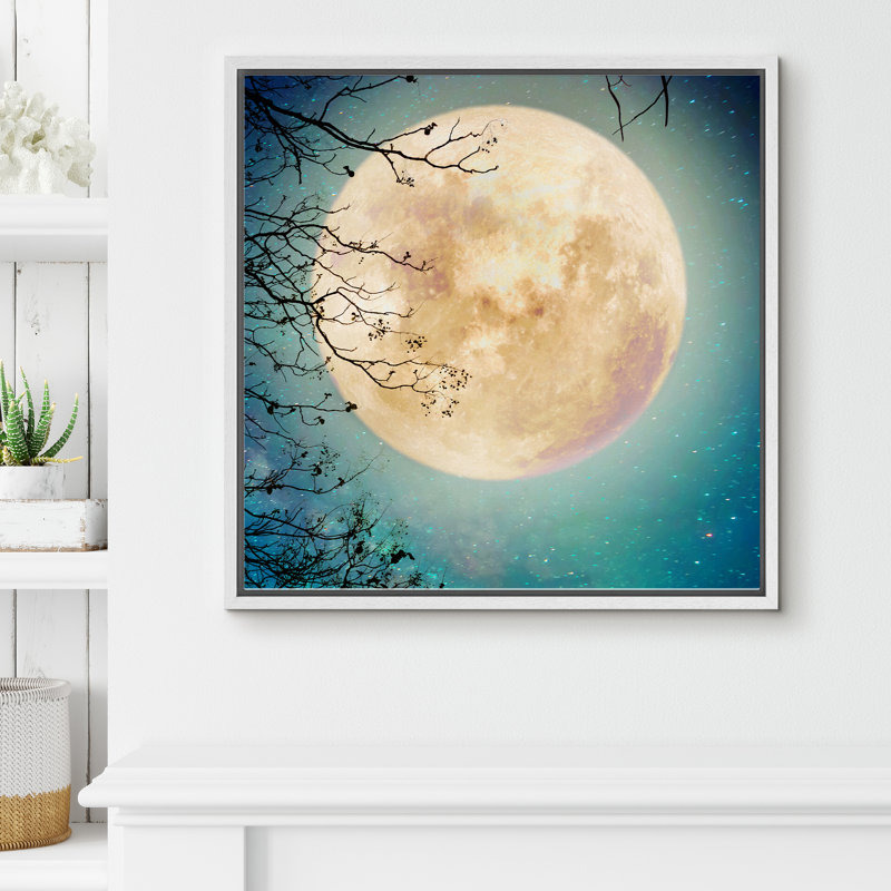 " Tree Tree Branches Frame The Yellow Full Moon ", White, 16" H x 16" W x 1.5" D