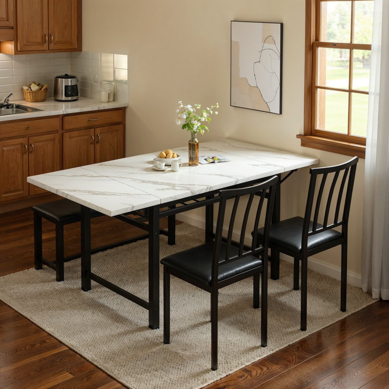 4-Piece Drop Leaf Dining Table Set For 3-6, 59" Extendable Kitchen Table Set With 1 Upholstered Bench & 2 Backrest Chairs, Modern Breakfast Dinette Table Set With Drop Leaf For Small Space