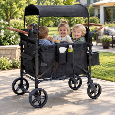 Poussette-wagon pliable 2/4 places pour enfants, modèle quadruple avec capote amovible, tablette pour goûter, porte-téléphone et porte-gobelet, grand sac de rangement, poignées de poussée réglables, noire