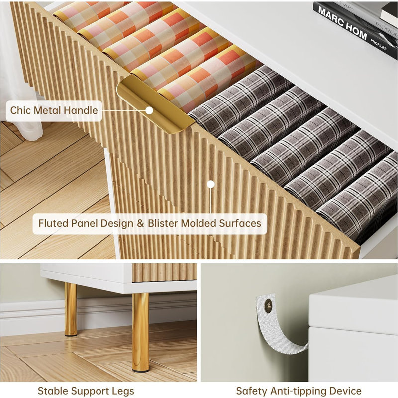 6 Drawer Bedroom Dresser - Modern Wood with Gold Handles