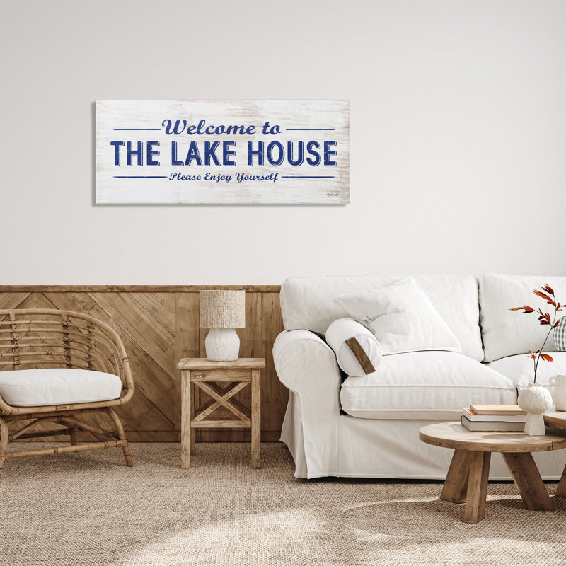 «Lakehouse Welcome Sign Enjoy Yourself» par Lauren Rader - impression d'art graphique, H 20 po x l 48 po