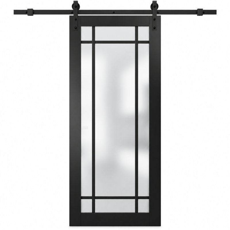 Porte de grange robuste en verre trempé dépoli Planum 2112 noir mat, rail noir de 2 m (6,6 pi), quincaillerie robuste, portes intérieures modernes à panneaux pleins - 81 cm x 203 cm (32 po x 80 po) - Rail noir