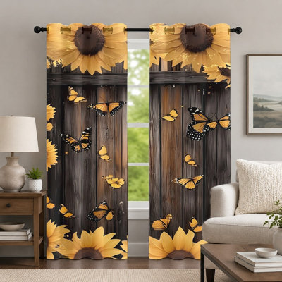 2 rideaux rustiques en forme de tournesol et de papillon, rideaux de fenêtre de style champêtre, panneaux décoratifs en bois rétro, traitement de fenêtre à œillets pour le décor de la chambre à coucher