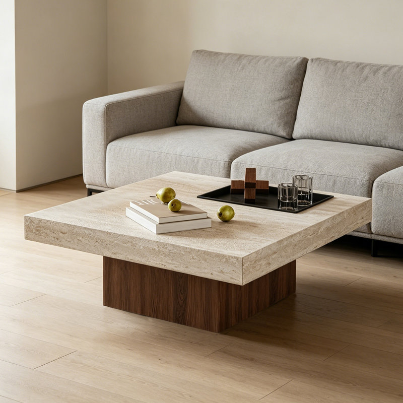 Table basse carrée en ardoise avec plateau Living, H 13,77 po x L 35,43 po x l 35,43 po, Beige