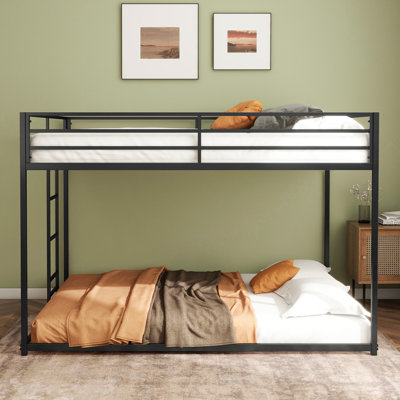 Full Over Full Bunk Bed Metal, Low Profile Full Over Full Bunk Bed With Ladder And Guardrails, Easy Climbing