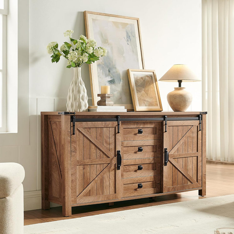 Texola 60" W Farmhouse Chest of Drawers, Wood Bedroom Dresser with 4 Drawers & Sliding Barn Doors, Light Knotty Oak