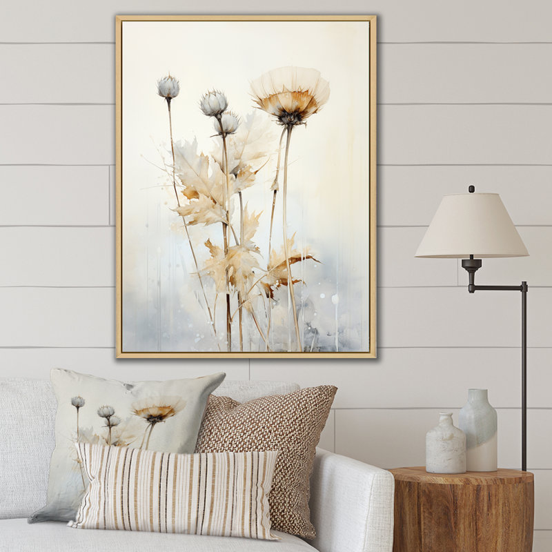 «Beige chardon», art mural de salon chardon, Cadre naturel flottant, H 40 po x l 30 po