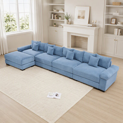 Canapé d'angle modulaire Cloud surdimensionné de 432 cm (170 pouces) avec pouf, tissu velours côtelé doux, assise profonde, larges accoudoirs, design ergonomique, 12 coussins décoratifs, montage facile, bleu
