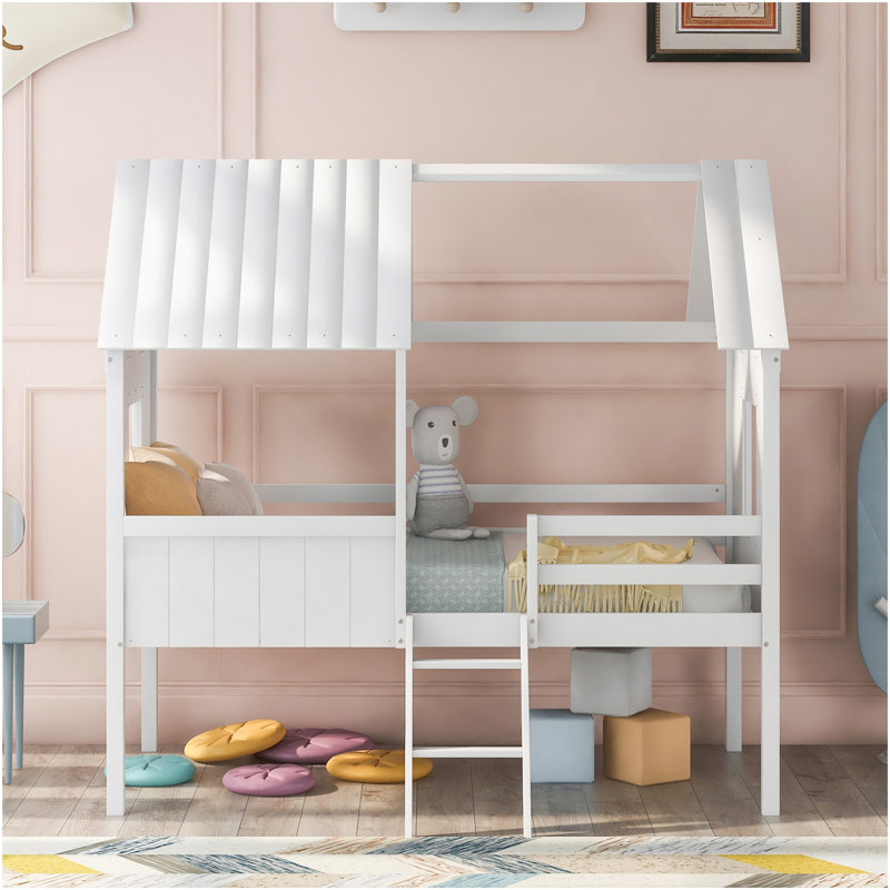 Lit mezzanine simple en bois avec deux fenêtres latérales  , Blanc