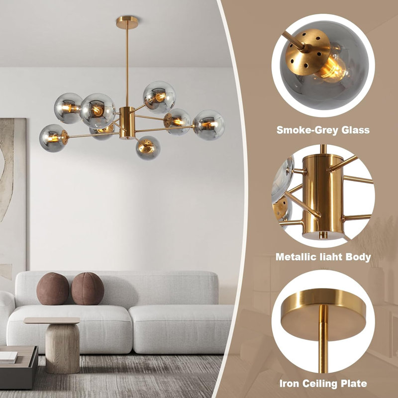 Lustre 8 lumières de style Mid-Century moderne avec pendentifs en verre bullé, cadre en métal laiton pour la salle à manger, la cuisine et l'éclairage du salon