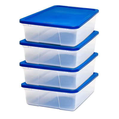 Bac de rangement en plastique transparent avec couvercle Homz 28 pte Snaplock, bleu (paquet de 4)
