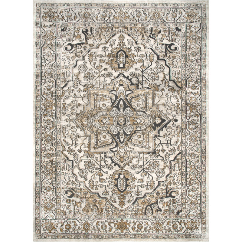 Oriental Beige/Gray Area Rug, Rectangle 4' x 6'