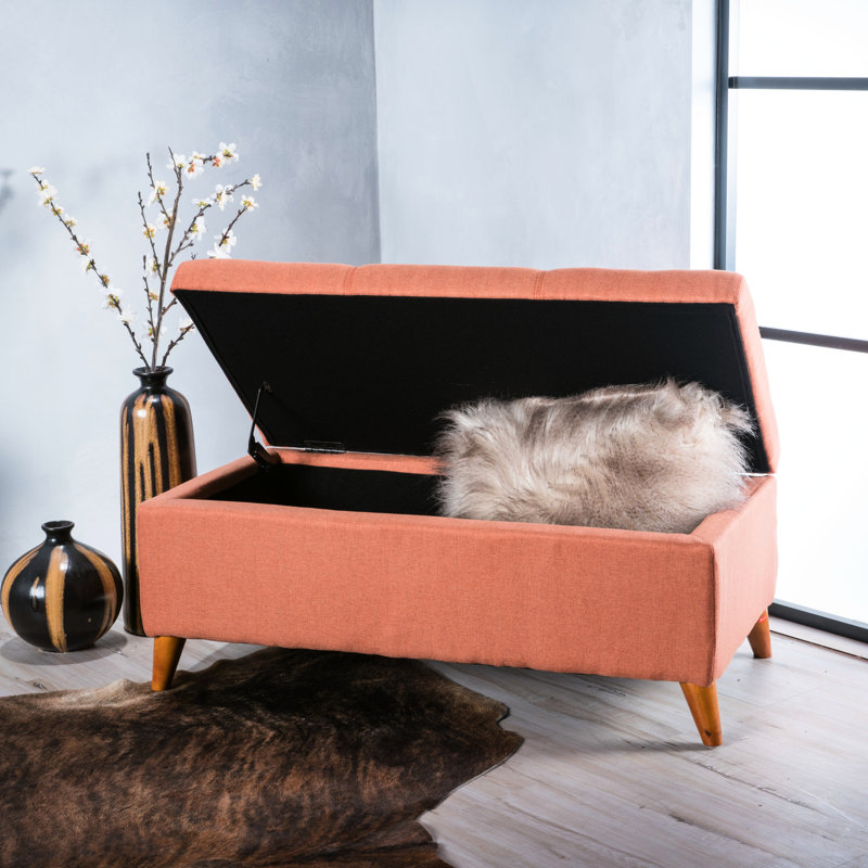 Banc de rangement pour jeux de société et télécommandes: plateau relevable, tissu et bois de bouleau, brun foncé, 38 po x 18,8 15,5 po, orange, assemblage requis avec le plateau relevable