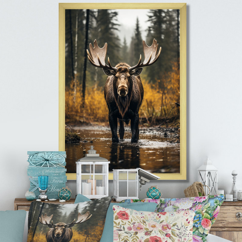 Cammeray Alaska Majestic Moose On Canvas Print, 32" H x 24" W x 1" D, Gold Single Picture Framed
