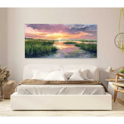 Marsh Sunset, Watercolor Marsh Painting Print, Extra Large Canvas, Farmhouse Decor