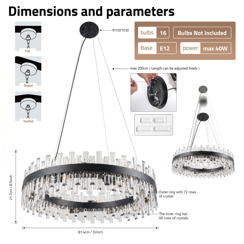Lustre moderne en cristal noir à 16 lumières de luxe pour le salon avec îlot de cuisine sans ampoules incluses