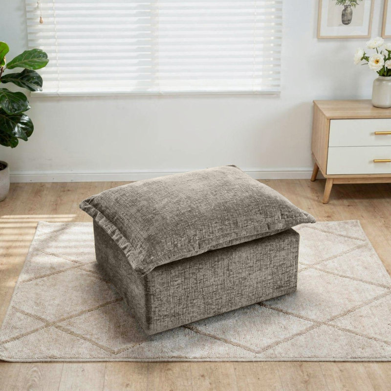 Upholstered Camel Chenille Square Ottoman with Oversized Soft Cushion Top – Fully Compressed, No Assembly Required, Camel