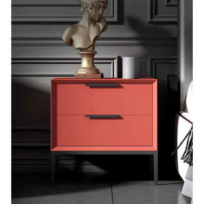 Italian Minimalist Solid Wood Red Bedroom Nightstand with Two Drawers