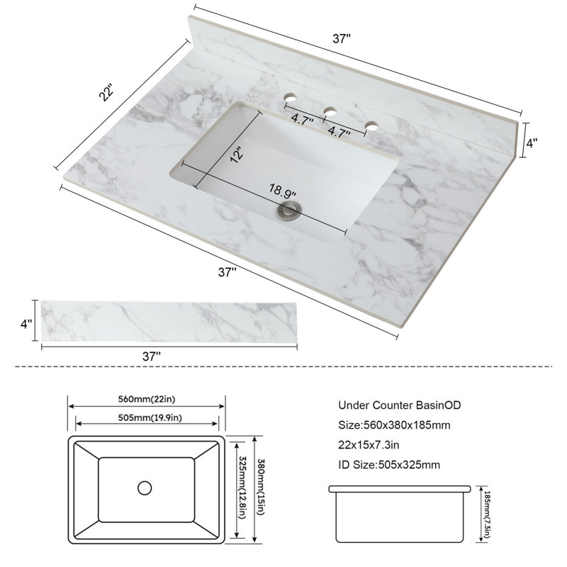 Dessus de meuble-lavabo Barthroom avec lavabo rectangulaire encastré en céramique, trois trous de robinet