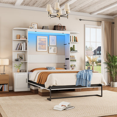 Lit escamotable avec 2 armoires latérales, étagères ouvertes et éclairage DEL, lit-armoire pliable gain de place, sans sommier, idéal pour un bureau ou une chambre d'amis.