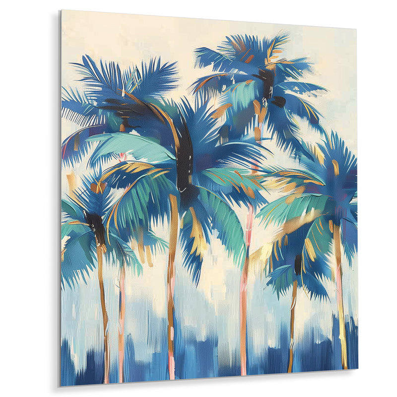 «Blue and Gold Palm Tree Forest In California II» - palmiers et palmiers, art mural, Sans cadre, métal, H 32 po x l 24 po