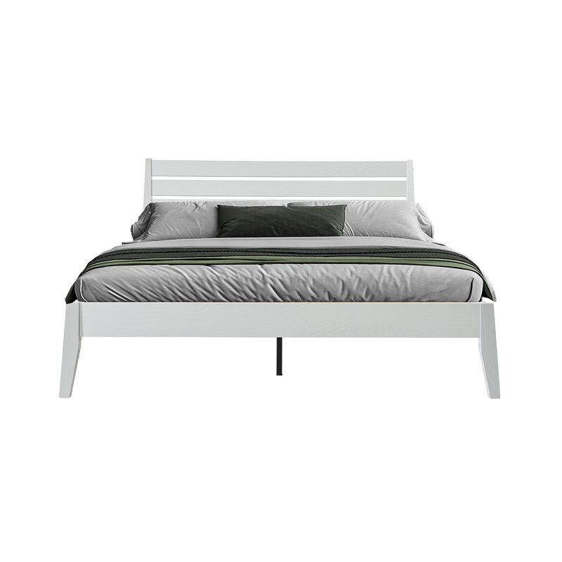 Structure de lit plateforme grand lit avec tête et pied de lit en bois massif, pieds en métal au centre, 12 sommiers à lattes robustes, anti-bruit et antidérapant, aucun sommier tapissier requis, finition blanc pur