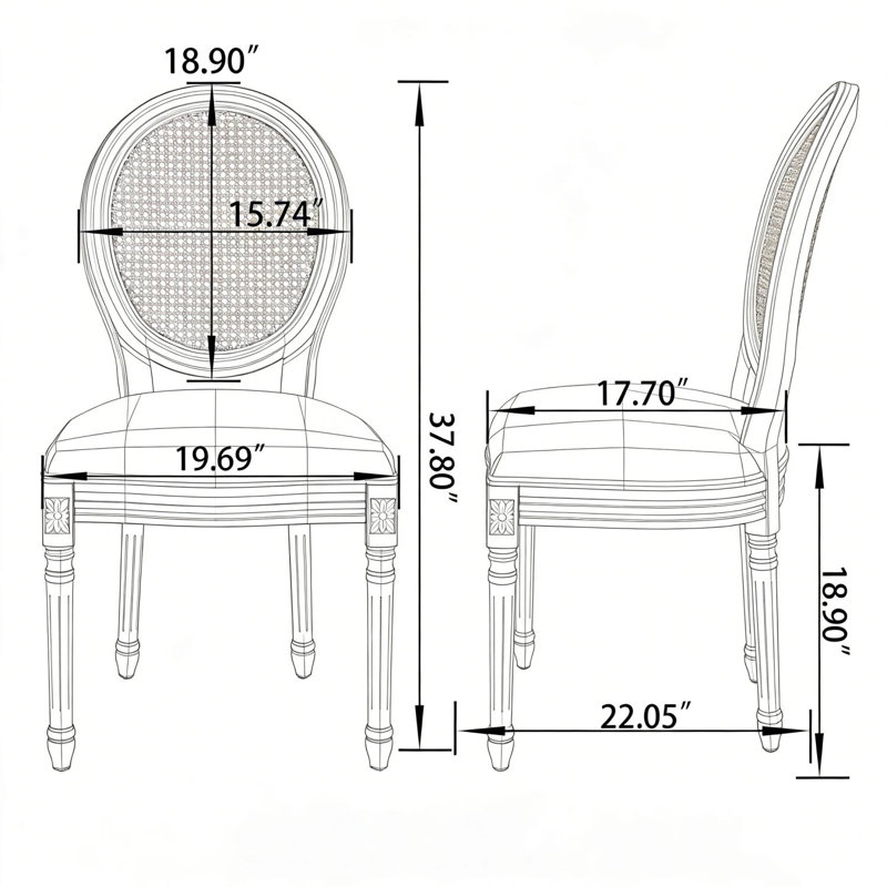 Chaises de salle à manger rembourrées French Country, ensemble de 2 avec dossier en rotin, idéales pour les espaces variés