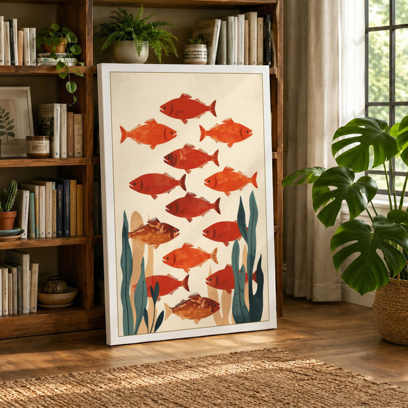 Fish in Water Botanical - Wrapped Canvas, 36x24 - 91.4 x 61.0 cm, Teal Border