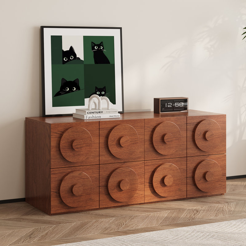 Retro Wooden TV Stand with 8 Round-Knob Drawers, Mid-Century Modern Entertainment Centre for Living Room, Walnut Finish（2 Piece）