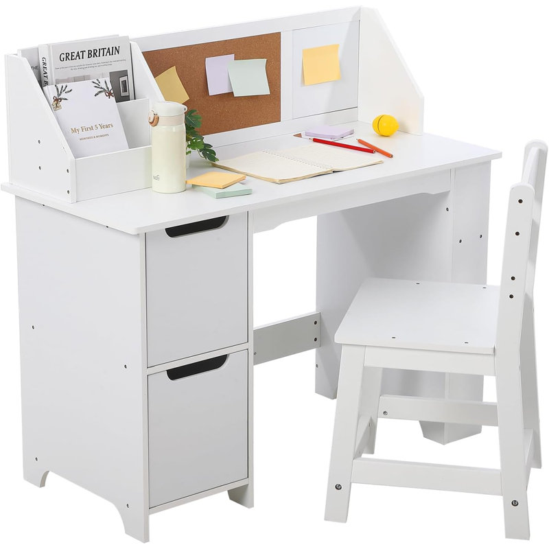 Kids Study Desk and Chair Set with Storage, Bookshelf & Bulletin Board, White
