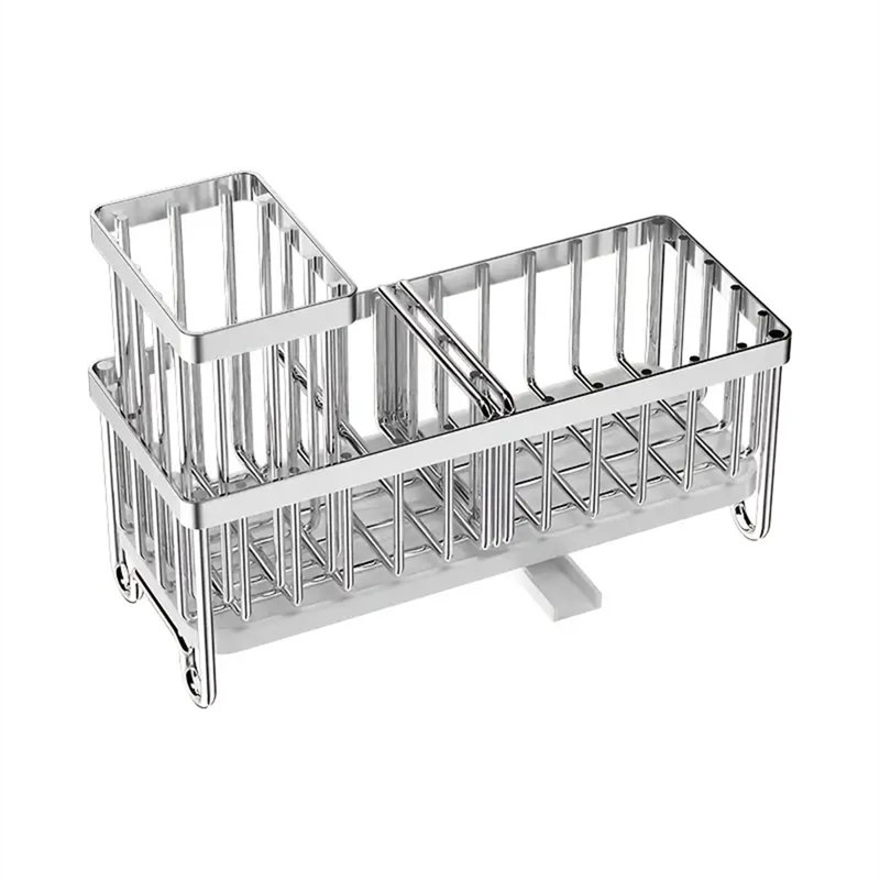 Organisateur sous l'évier en acier inoxydable avec porte-brosse | Conception auto-drainante pour éponges, brosses, brosseurs | Solution de rangement pour cuisine avec trou de bonde rotatif Kitchen Essentials